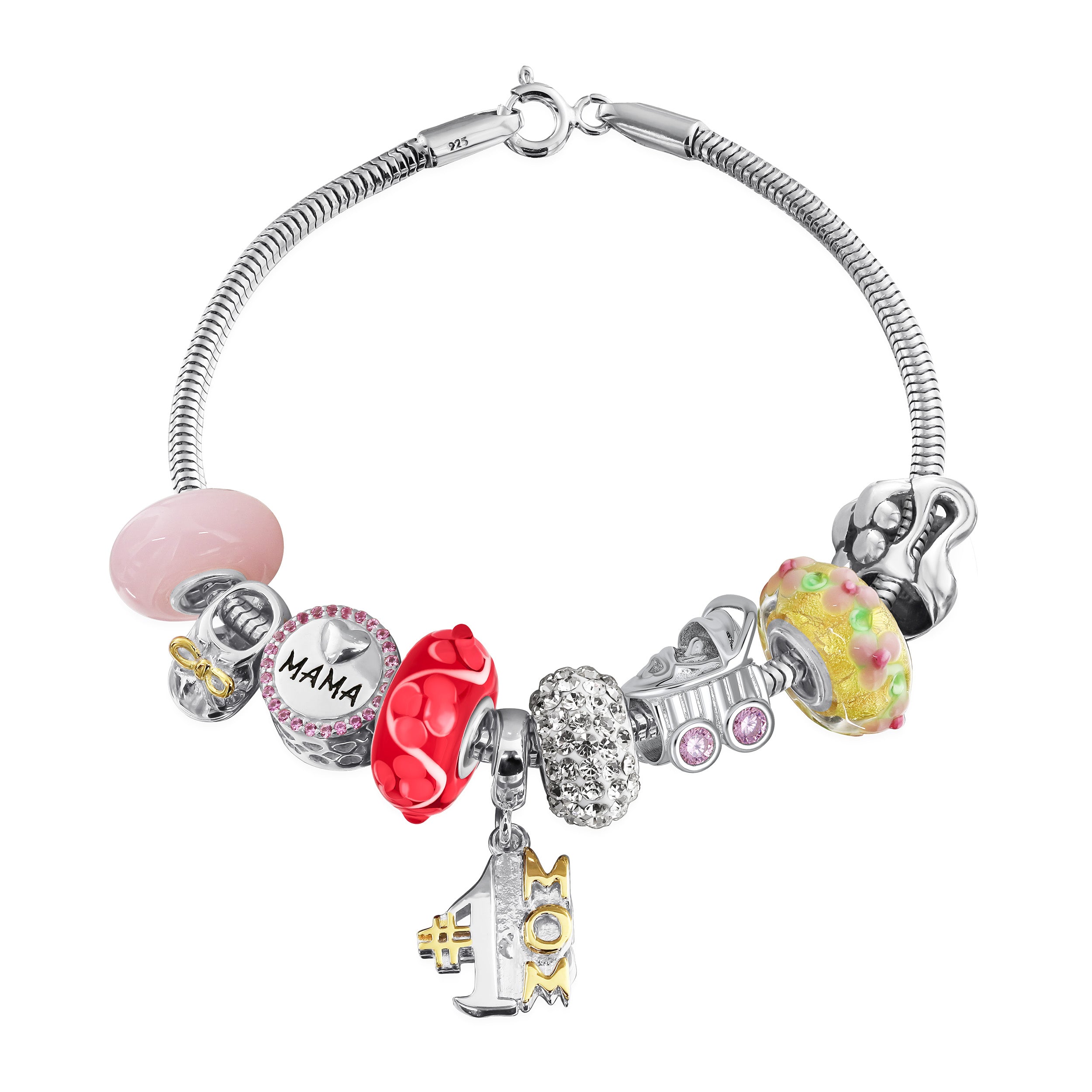 1-mom-multi-charm-bracelet-star-colorful_pbx-br-1mom_new Word #1 Mom Wife Family Cheerleader Grandma Love Charm Bracelet Silver Snake Chain - Image 1