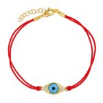 Tiny Turkish Evil Eye Red String Bracelet CZ Accent Gold Plated Sterling Silver