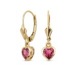 Tiny 14K Yellow Gold Bezel Set Natural Pink Tourmaline Heart Dangle Earrings Lever-Back