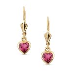 Tiny 14K Yellow Gold Bezel Set Natural Pink Tourmaline Heart Dangle Earrings Lever-Back - Image 2