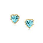 Romantic Love Tiny Mini Cubic Zirconia Aqua Blue CZ Heart Stud Earrings 14K Yellow Gold - Image 11
