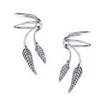 Cartilage Double Leaf Feather Ear Cuffs Wrap For Non Pierced Earrings .925 Sterling Silver