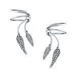 Cartilage Double Leaf Feather Ear Cuffs Wrap For Non Pierced Earrings .925 Sterling Silver