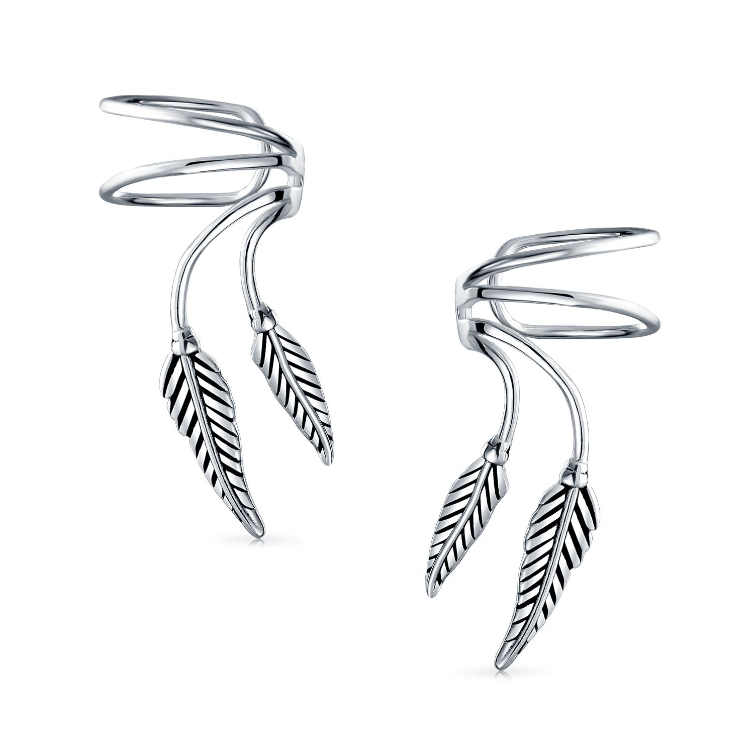 2leaf-feather-cartilage-earrings-silver_pfs-12-6464_1 Cartilage Double Leaf Feather Ear Cuffs Wrap For Non Pierced Earrings .925 Sterling Silver - Image 1