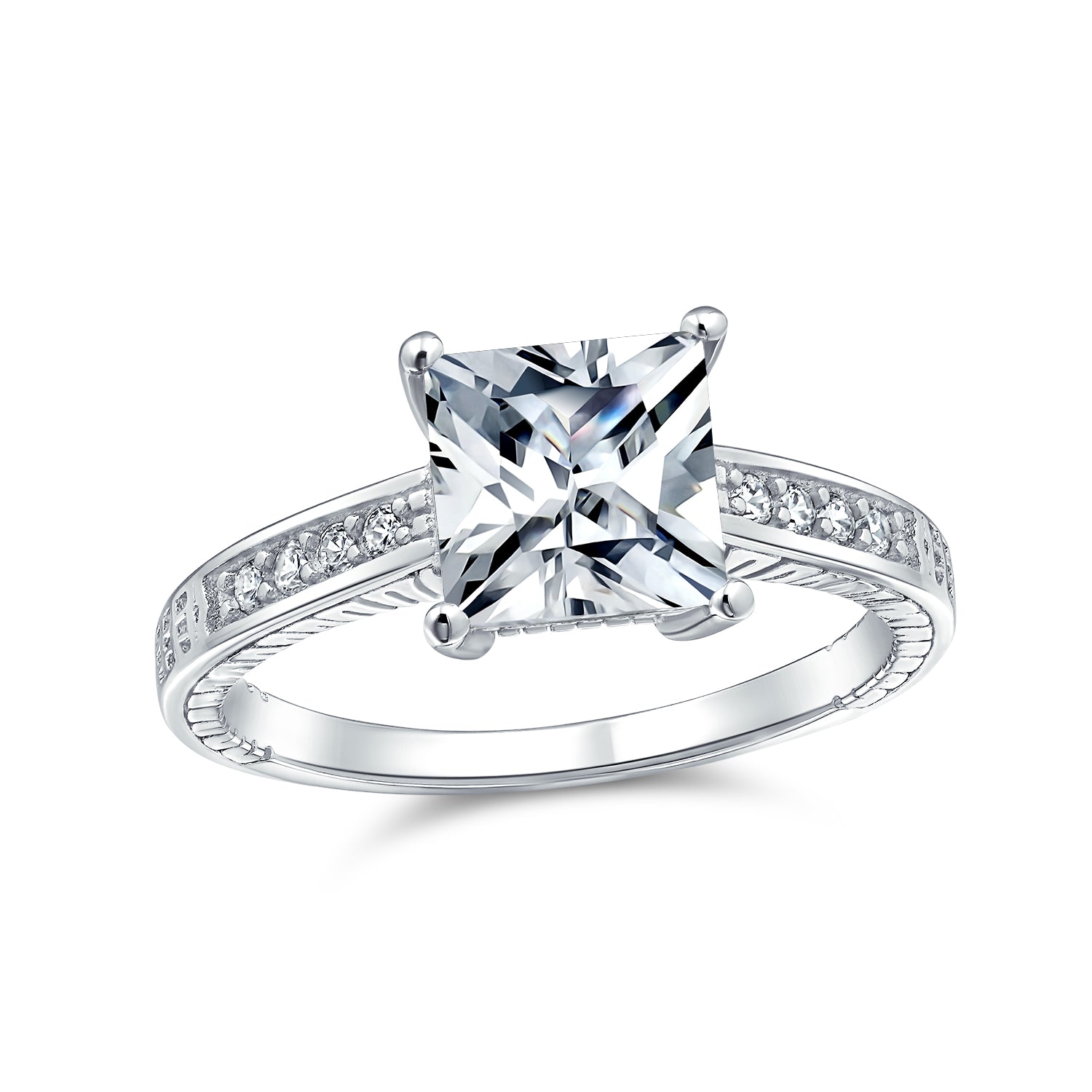 3ct-solitaire-band-silver-ring_eos-yar0764_1 Classic CZ Princess Cut Solitaire Engagement Ring in Sterling Silver Band - Image 1