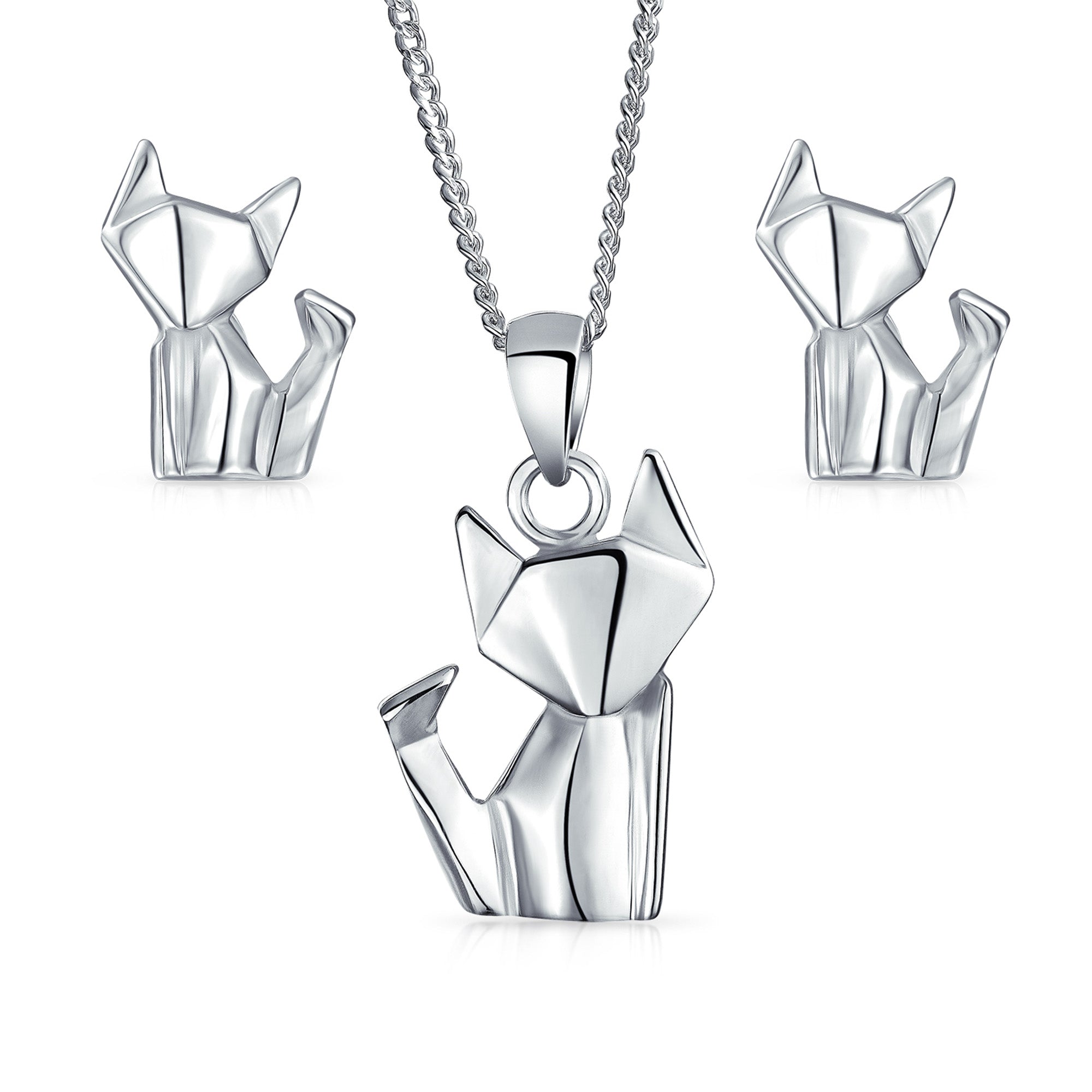 3d_origami_animal_earring_necklace_set_appl-u74008set-az Geometric Origami Animal Jewelry Kitten Cat Pendant Necklace .925 Sterling Silver - Image 1