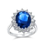Classic 4CT Sapphire Blue Cubic Zirconia Oval Statement Engagement Ring Crown Halo Sterling Silver