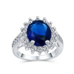 Classic 5CT Blue CZ Sapphire Cubic Zirconia Halo Engagement Ring Silver Plated