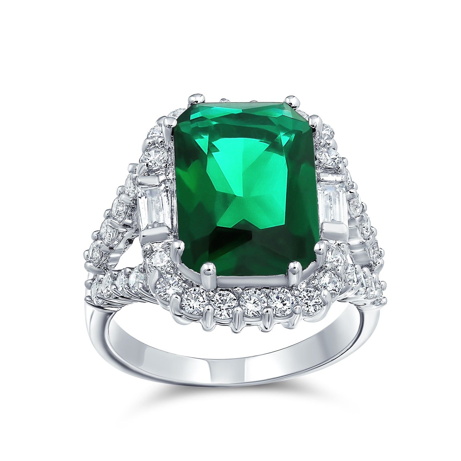 7ct-ring-emerald-silver-rectangle_ag-rz5359em_1 Cubic Zirconia 7CT CZ Green Emerald Cut Art Deco Style Cocktail Statement Ring - Image 1