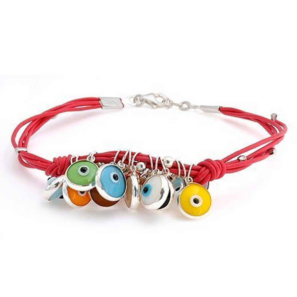925-silver-red-leather-multi-evil-eye-charm-bracelet-75-inches Protection Good Luck Amulet Strand Bracelet with Multicolor Evil Eye Beads - Image 1