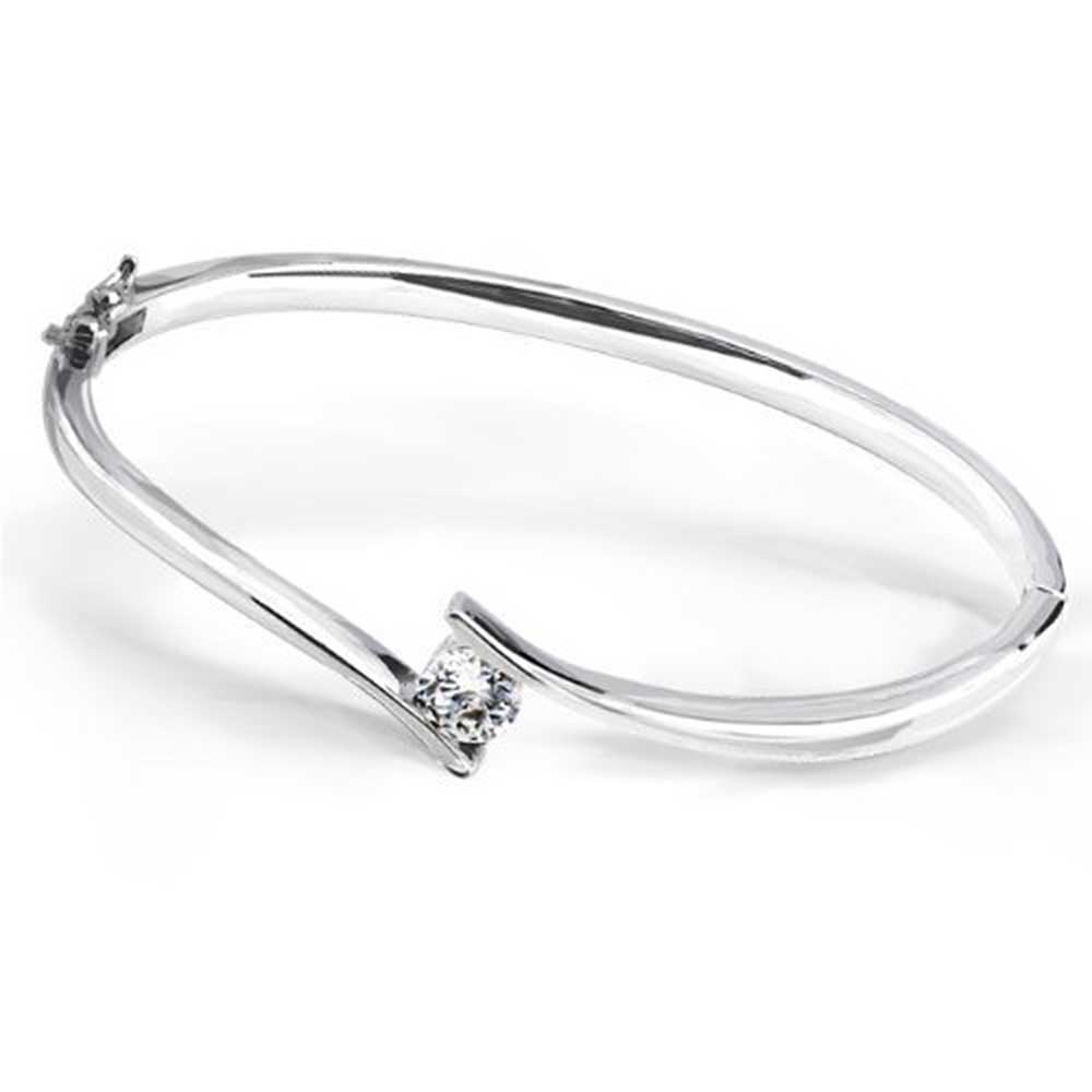 925-sterling-silver-solitaire-cz-tennis-bangle-bracelet Simple Geometric CZ Bangle Bracelet Sterling Silver with Safety Clasp - Image 1