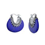 Oval Half Crescent Lapis Lazuli Stabilized Turquoise Black Onyx Hoop Earrings - Image 2
