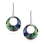 Rainbow Iridescent Abalone Dangle Earrings Sterling Silver Circle Hoop - Image 2