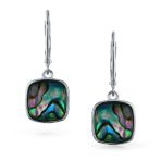 Geometric Iridescent Abalone Shell Square Teardrop Dangle Earrings Silver - Image 2