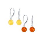 Set of 2 Round Honey Cognac Lemon Yellow Amber Drop Ball Earrings Silver