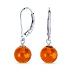 Simple Round Gemstone Lemon Yellow Amber Drop Ball Earrings Sterling Silver