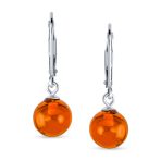 Simple Round Gemstone Lemon Yellow Amber Drop Ball Earrings Sterling Silver - Image 3