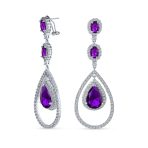 Cocktail Cubic Zirconia Double Halo Large Purple Amethyst Teardrop CZ Chandelier Earrings