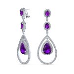 Cocktail Cubic Zirconia Double Halo Large Purple Amethyst Teardrop CZ Chandelier Earrings