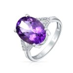 Classic Oval Gemstone Halo Statement Ring 3.8CT CZ Purple Amethyst, Zircon .925 Sterling Silver - Image 2