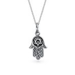 Amulet Talisman Hamsa Hand Pendant Necklace in Black Silver
