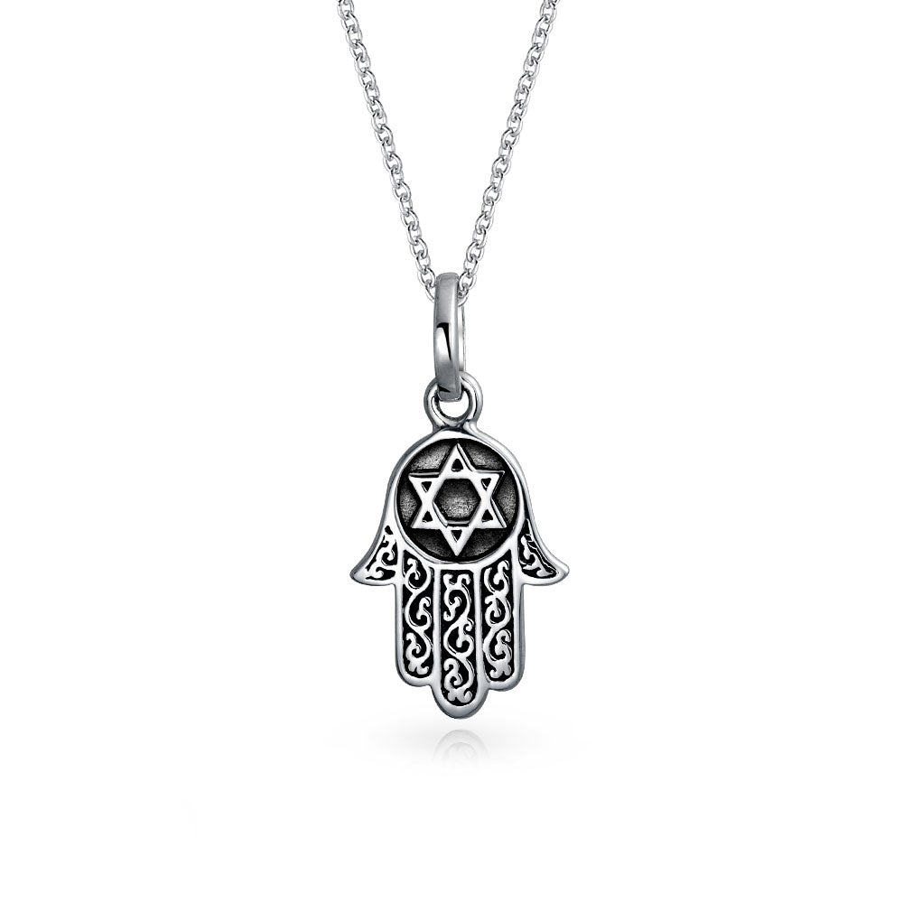 amulet-hand-of-god-necklace-silver_ps-tse682-18_1 Amulet Talisman Hamsa Hand Pendant Necklace in Black Silver - Image 1