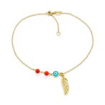 Turkish Spiritual Guardian Angel Wing & Evil Eye Anklet Bracelet 14k Gold Plated Sterling Silver