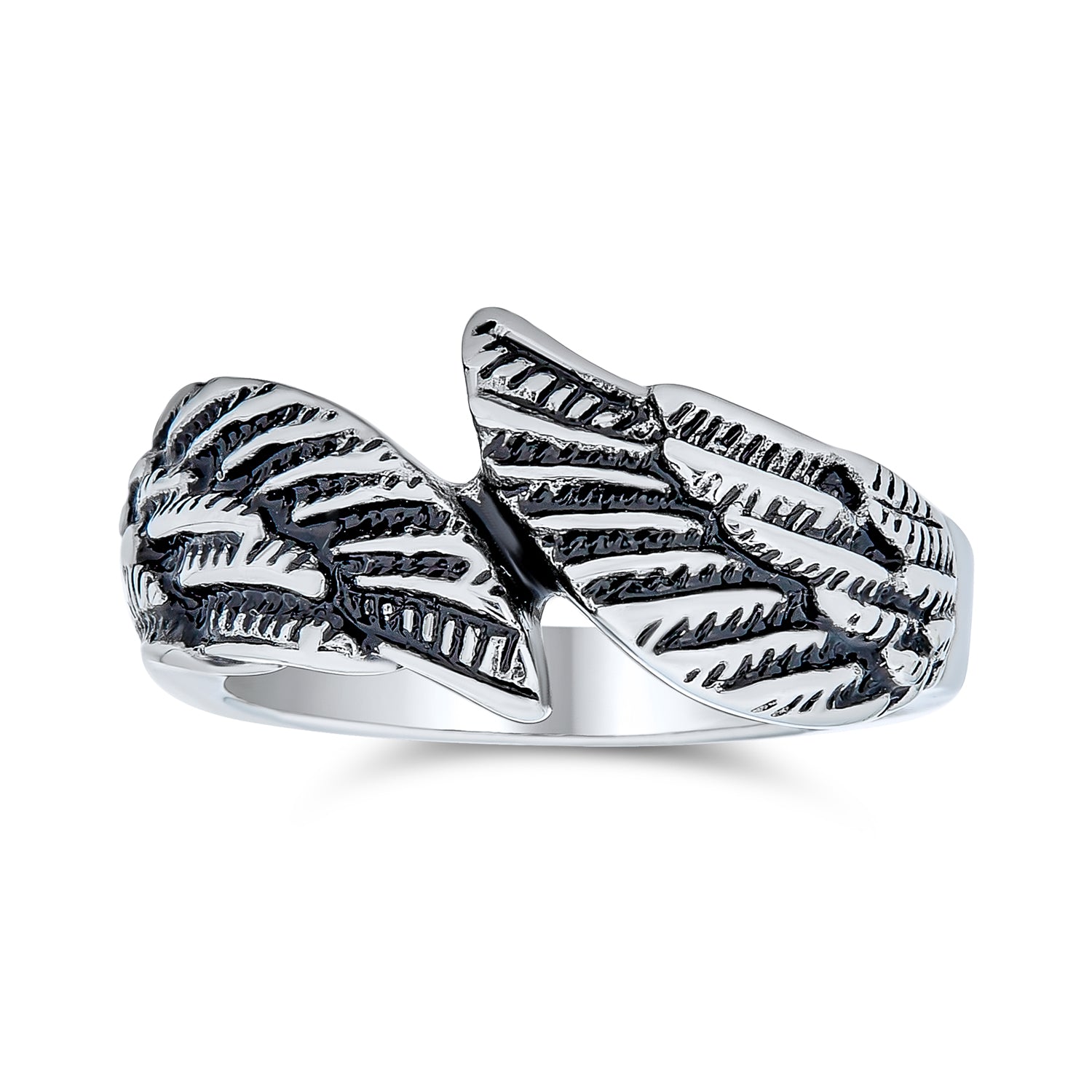 angel-wing-feather-band-steel_chc-r1220_1 Biker Jewelry Angel Wing Band Ring Oxidized Stainless Steel - Image 1