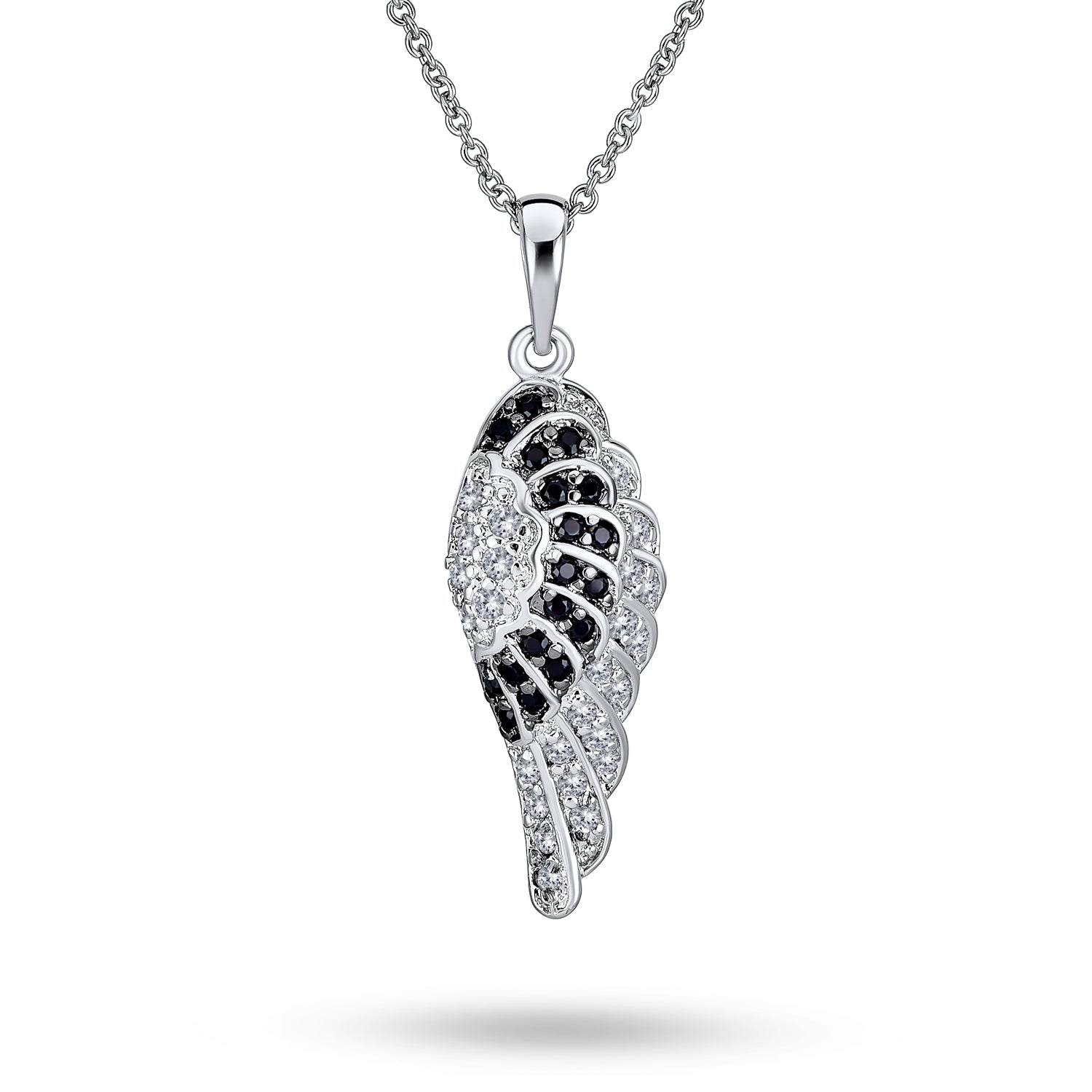 angel-wing-protection-necklace-black-white_hsh-hsp14032_1 Two Tone CZ Angel Wing Feather Dangle Pendant Necklace Silver Plated - Image 1