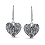 Spiritual Amulet Heart Guardian Angel Wings Feather Dangle Earrings Silver - Image 2