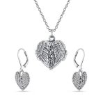 Spiritual Jewelry Set Heart & Angel Wings Locket Necklace & Drop Earrings .925 Sterling Silver