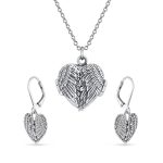 Spiritual Jewelry Set Heart & Angel Wings Locket Necklace & Drop Earrings .925 Sterling Silver