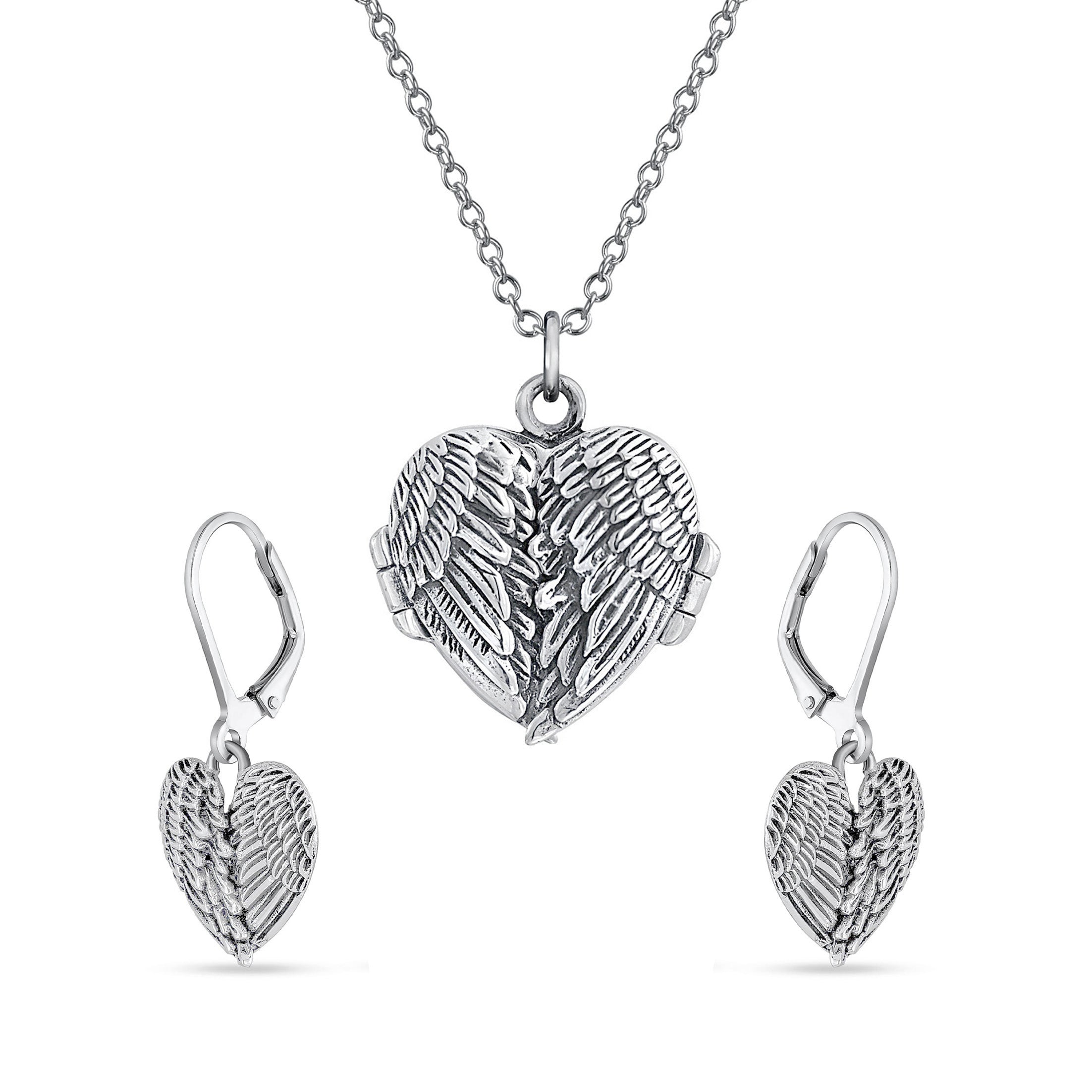 angel-wings-heart-earrings-silver_pmr-e11730lbset_11 Spiritual Jewelry Set Heart & Angel Wings Locket Necklace & Drop Earrings .925 Sterling Silver - Image 1