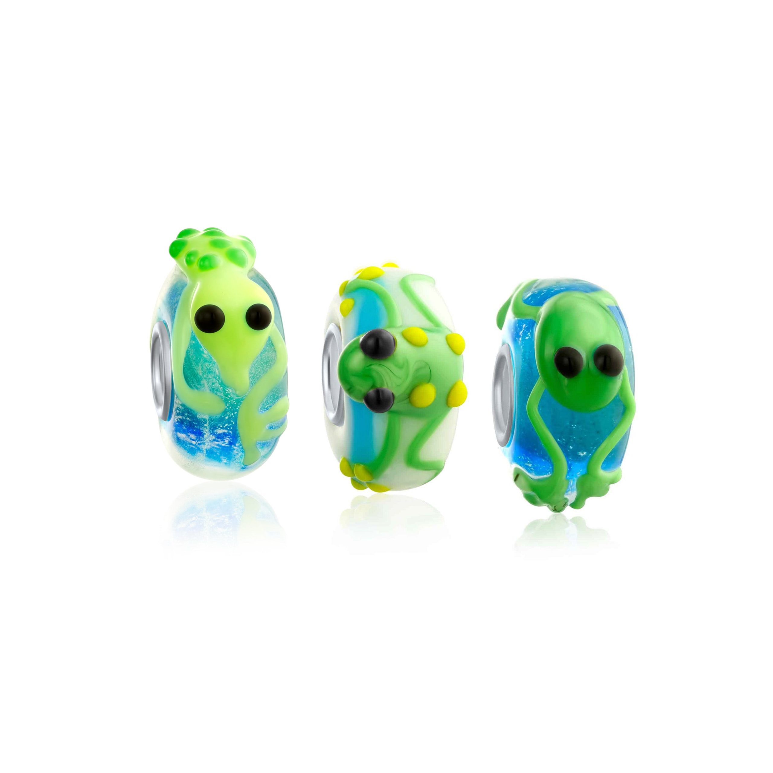 animal-3d-lampwork-bead-pbx-xsga48-set-az Set of 3 Lime Green Lizard & Toad Frog Lampwork Glass Charm Bead Sterling Silver - Image 1