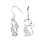Animal Lover Pet Kitten White Created Opal Cat Dangle Earrings .925 Sterling Silver
