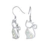 Animal Lover Pet Kitten White Created Opal Cat Dangle Earrings .925 Sterling Silver