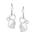 Animal Lover Pet Kitten White Created Opal Cat Dangle Earrings .925 Sterling Silver - Image 2