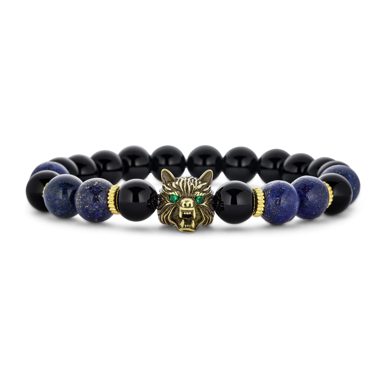 animal-wolf-black-brown-tiger-stretch-gemstone-bracelet_cb-53727 Unisex Jungle Animal Stretch Bracelet with Onyx & Tiger Eye Beads Gold Plated - Image 1