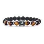 Set of 2 Wolf Face Onyx Lapis and Tiger Eye Bead Stretch Bracelet Gold Plated - Image 2