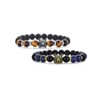 Set of 2 Wolf Face Onyx Lapis and Tiger Eye Bead Stretch Bracelet Gold Plated