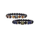 Set of 2 Wolf Face Onyx Lapis and Tiger Eye Bead Stretch Bracelet Gold Plated