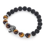 Set of 2 Wolf Face Onyx Lapis and Tiger Eye Bead Stretch Bracelet Gold Plated - Image 3