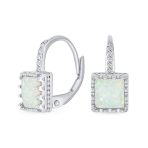 Art Deco Princess Cut Solitaire White Opal Drop Earrings