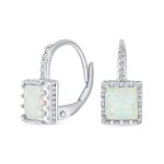 Art Deco Princess Cut Solitaire White Opal Drop Earrings