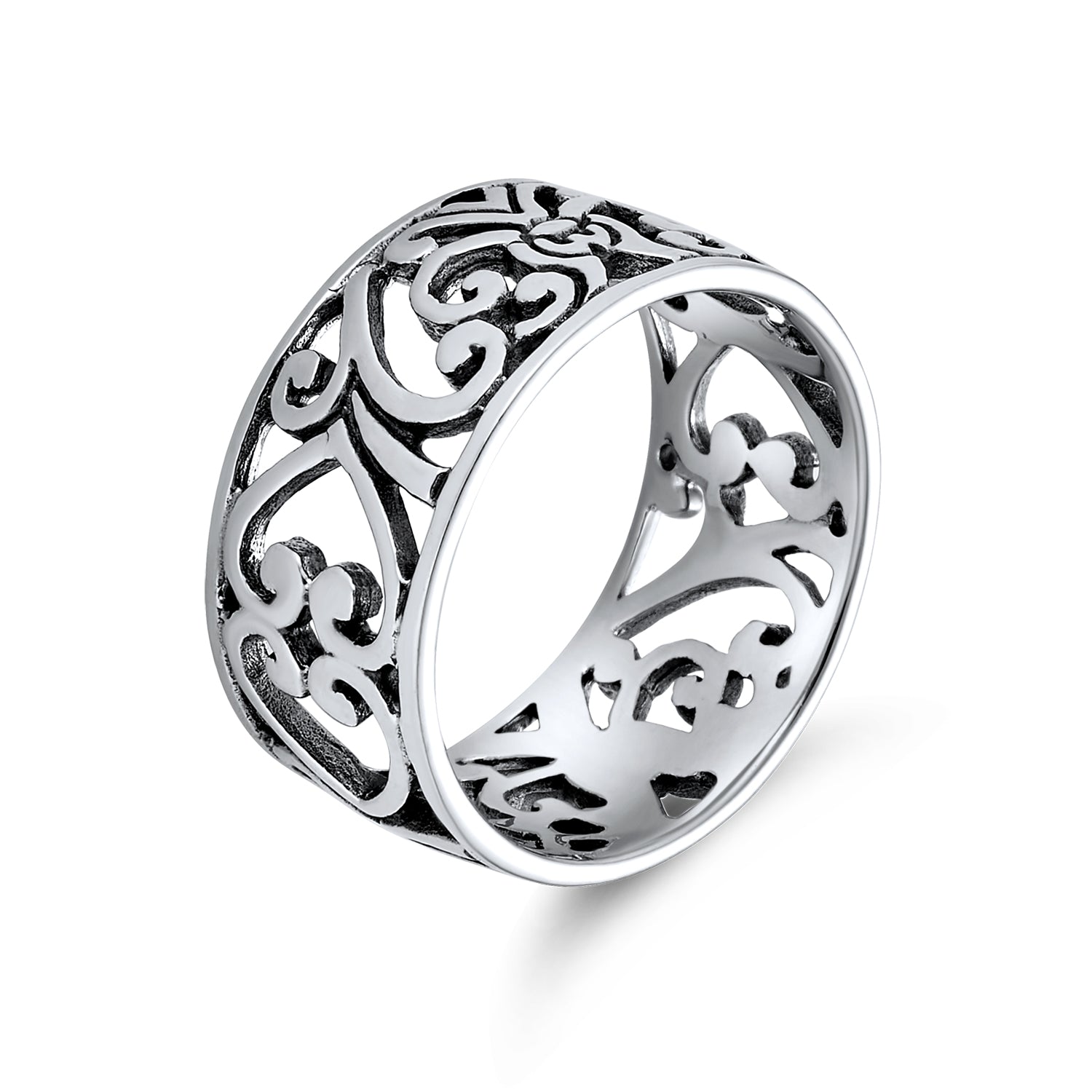 antique-silver-ring-filigree-band_si-rp141164_2 Bail Filigree Scroll Open Leaf Heart Motif Band Ring .925 Sterling Silver 8mm - Image 1