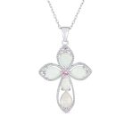 Elegant Spiritual Created White Opal Cross Necklace Pendant .925 Sterling Silver
