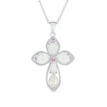 Elegant Spiritual Created White Opal Cross Necklace Pendant .925 Sterling Silver