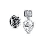 Set of 2 Heart Grandma Dangle & Flower Garden Black Rose Charm Bead Silver