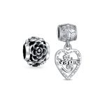 Set of 2 Heart Grandma Dangle & Flower Garden Black Rose Charm Bead Silver