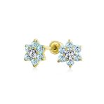 Tiny CZ Cubic Zirconia Flower Stud Earrings Real 14K Gold Screw back